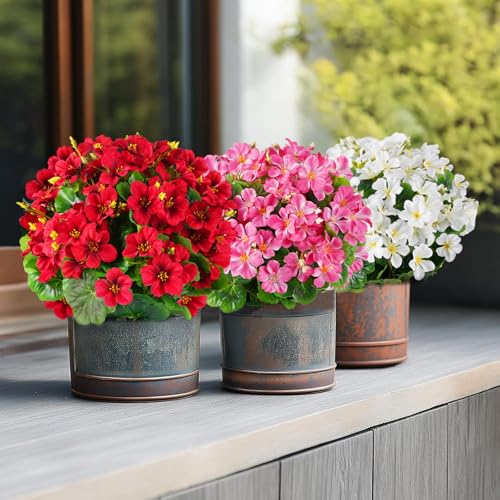 Artificial Geranium Flowers in Pot for Outdoors Fake Plants 14 Inch Faux Flowers Spring Summer Decoration for Home Front Door Garden Planter Patio Balcony Yard Indoor Outdoor White - color: White