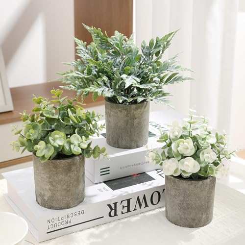 3 Pack Mini Potted Fake Plants Artificial Plastic Indoor Eucalyptus Plants for Home, Office, Desk, Bathroom, Coffee Table & Shelf (Green) - color: Green