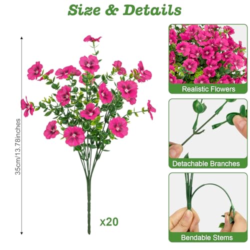 Roberly 20 Bundles Artificial Flowers for Outdoors, Fake Silk Flowers with Plastic Eucalyptus Greenery Stems Realistic Faux Plants for Spring Summer Porch Patio Yard Garden Vase Home Decor, Fuchsia - color: Fuchsia