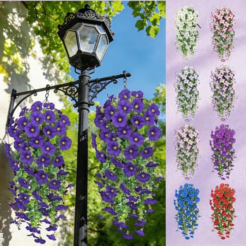 Artificial Hanging Flowers for Outdoors, 6 PCS Silk Morning Glory Artificial Flowers with Eucalyptus Leaves, UV Resistant Fake Flower Realistic Faux Plants for Home Patio Porch, Light Purple White - color: Light Purple White