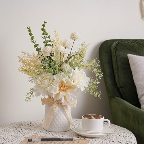 LUEUR Artificial Flowers in White Ceramic Vase Centerpieces – Spring Silk Flower Arrangement for Coffee Table Decor, Faux Flower Bouquet for Home Indoor Decoration, Bathroom, Dining Room, Kitchen - color: White