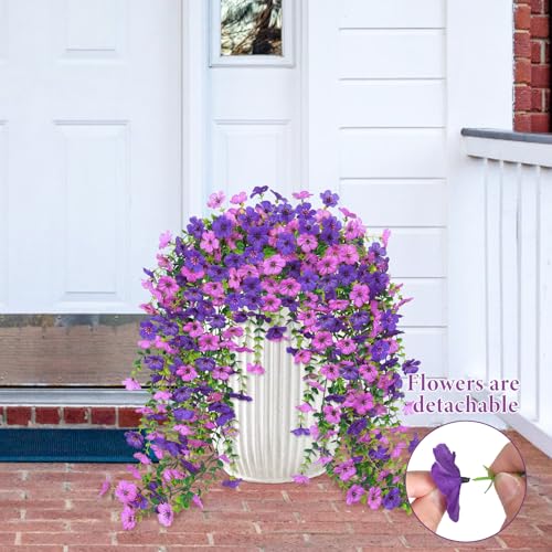 Betylifoy 4PCS Artificial Hanging Flowers Fake Hanging Plants for Outdoors UV Resistant Faux Silk Orchid Flowers Greenery Long Trailing Vines for Indoor Outside Garden Porch Decor (Light&Dark Purple) - color: Light&dark Purple