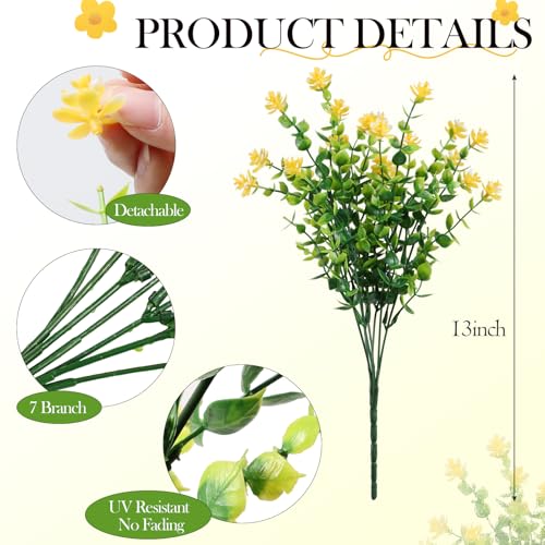 12 Pack Artificial Flowers & Plants for Outdoor Decor - Faux Eucalyptus & Lavender Greenery Shrubs - Fake Plants for Garden, Porch, Patio, Cemetery - Spring & Autumn Home Decoration - color: Yellow