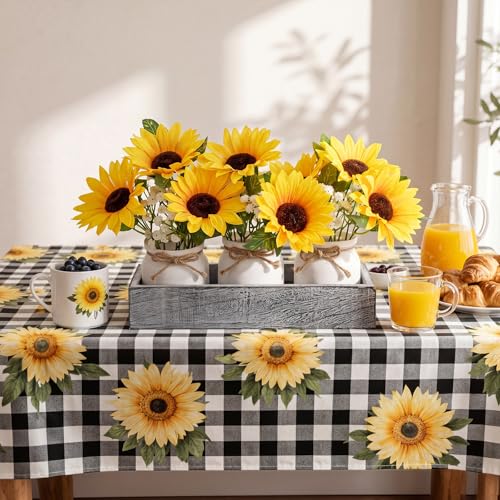 AceOrbit 3 Pcs Artificial Sunflower Potted Plants with Light Grey Wood Tray Farmhouse Faux Sunflowers for Kitchen Table Centerpieces Fake Yellow Flowers in Rustic Pots for Dining Home Bathroom Wedding - style: Weathered