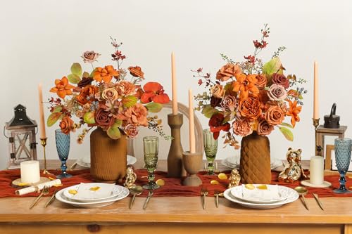 Burnt Orange Artificial Flowers Set - Fake Roses, Peonies, Silk Flowers with Stems for DIY Wedding Bouquets,Floral Arrangement,Table Centerpieces,Baby Shower, Home Decor - color: Burnt Orange