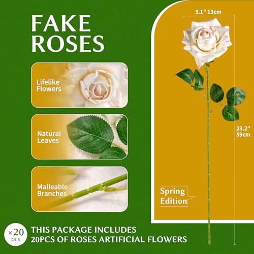 Artificial Flowers Artificial Roses Fake Roses 23.2In Long Stem Artificial Flowers for Tall Vase Silk Rose Suitable for Wedding Decor Valentine's Day DIY Bouquet Spring,Pattern White,20PCS - color: Pattern White