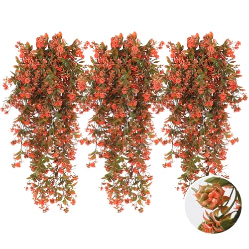 SJL Fall Faux Hanging Plants Artificial Fall Hanging Flowers Artificial Outdoor UV Resistant Fake Vine Plant Faux Greenery Plastic Plants 3Pcs for Farmhouse Thanksgiving Patio Party Decor (Salmon) - color: Hanging Salmon Rose