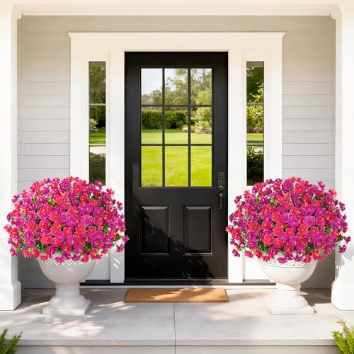 MARTINE MALL 12 Bundles Look Real Artificial Flowers for Outdoors, Realistic Fake Outdoor Flowers, UV Resistant Silk Flowers for Outside Faux Flowers Plants for Outdoor planters Porch Fuchsia&Rose Red - color: Fuchsia&rose Red, size: 12 Bundles