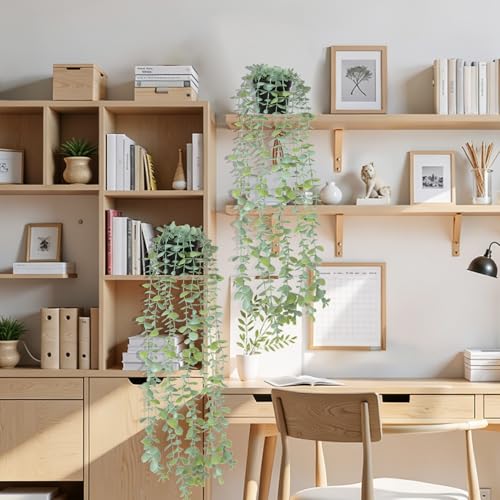 echosari 2 PCS Fake Hanging Plants, Artificial Potted Plants Eucalyptus, Greenery Faux Plants Indoor for Modern Boho Home Bedroom Wall Book Shelf Decor - size: 2 PCS