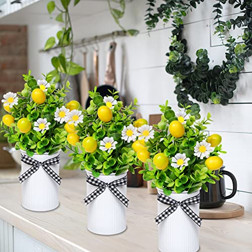 4 Pack Lemon Mason Jar Table Centerpiece, Artificial Lemon Home Centerpieces Fake Lemon Daisy Plants with Faux Leaves for Summer Wedding Farmhouse Office Kitchen Bathroom Dining Table Centerpiece