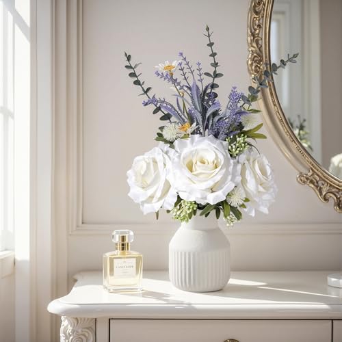 Artificial Flowers in Vase, Silk Roses Flowers Artificial Eucalyptus Lavenders Small Daisies and Fake Plants in White Ceramic Vase, Farmhouse Floral Arrangements Dining Table Centerpiece Décor - color: White