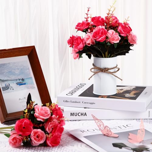 Domensi 6 Sets Wedding Centerpiece for Table Artificial Rose with Vase Fake Bouquets and Metal Pot Flower Arrangements for Bridal Shower Birthday Party Event Table Decor (Rose Red) - color: Rose Red