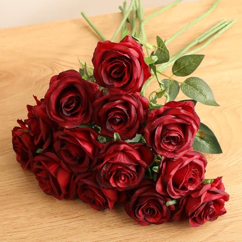 Luyue 10PCS Artificial Roses Flower with Stems Slik Fake Flowers Bouquet Realistic Long Stem Faux Rose for Valentines Day Wedding Home Decor - color: Gradient Burgundy