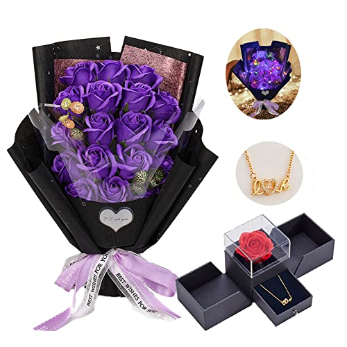 EIGHTOWN Roses Bouquet Artificial Flower - Preserved Purple Rose Flowers with Love Necklace for Her - Unique Gifts Valentine's Day, Mother's Day, Thanksgiving, Birthday, Anniversary - color: Romantic Purple