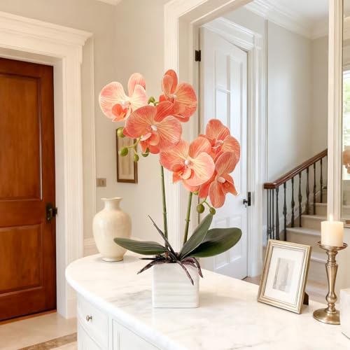 Artificial Orchids for Home Decor Indoor with Vase Orchids Artificial Flowers Orange Orchid Height 14 Inches - color: Orange