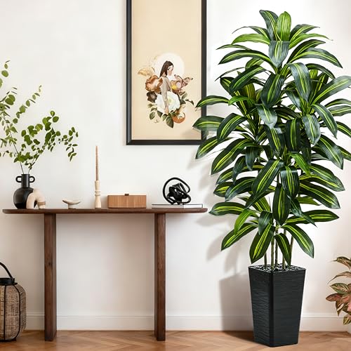 Artificial Dracaena Tree：6FT Faux Silk Tropical Yucca Floor Trees Realistic Fake Green Plant with Natural Wood Trunk & Lifelike Leaves for Home Office Decor Indoor & Outdoor (6FT,1-Pack,Black) - color: Dark Green – Black Pot, size: 6FT