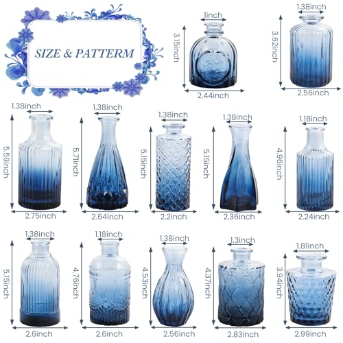 UPBUD Glass Blue Bud Vases Set of 12, Mini Flower Vase for Centerpieces, Small Glass Vases in Bulk for Bridal Shower Decorations, Vintage Vase for Wedding, Party, Graduation, Home Table Décor - color: Standard-blue, size: 12pcs