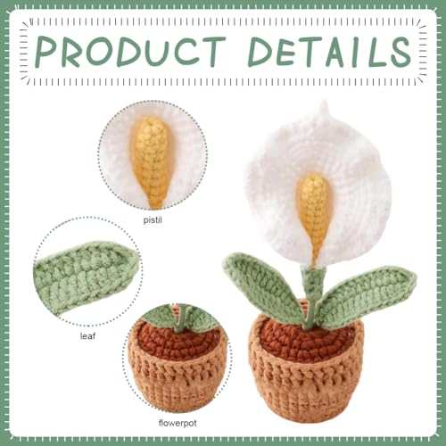 2 Pieces Mini Crochet Calla Lily Potted Plants, Handmade Knitted Fake Calla Lily with Planter for Bathroom Home Kitchen Rustic Table Centerpiece Decor, White - color: White