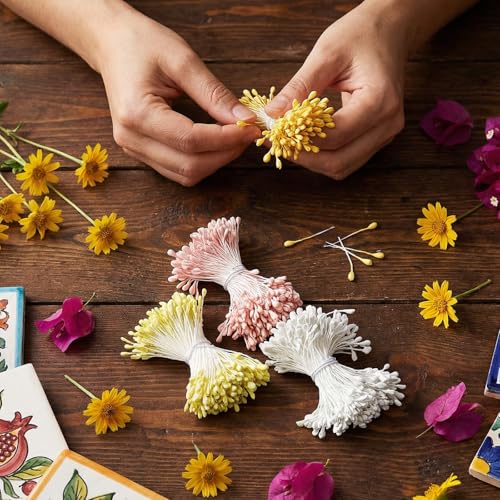 1400Pcs Flower Stamens 3mm Yellow Double Heads Handmade Stamen for Flower Making Artificial Floral Stamens for Crafts Wedding Bouquet Scrapbook Decoration Easter Supplies