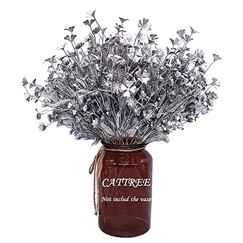 Artificial Plants, CATTREE Plastic Grass Faux Shrubs Fake Leaves for Christmas Flowers Bushes Home Indoor Outdoor Garden Wedding Festival Decoration Hall Table Planter DIY Flower Filler – Silver 4 Pcs - color: Silver Flowers - 4pcs