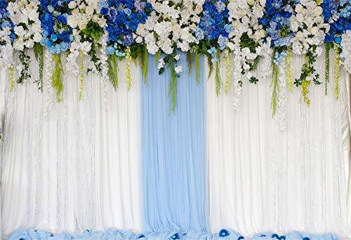 AOFOTO 8x6ft Blue White Flowers Curtain Wedding Backdrop Romantic Floral Wall Drapes Bride Groom Ladies Girls Photoshoot Background for Wedding Reception Ceremoney Birthday Cake Table Decor Banner - size: 8x6ft