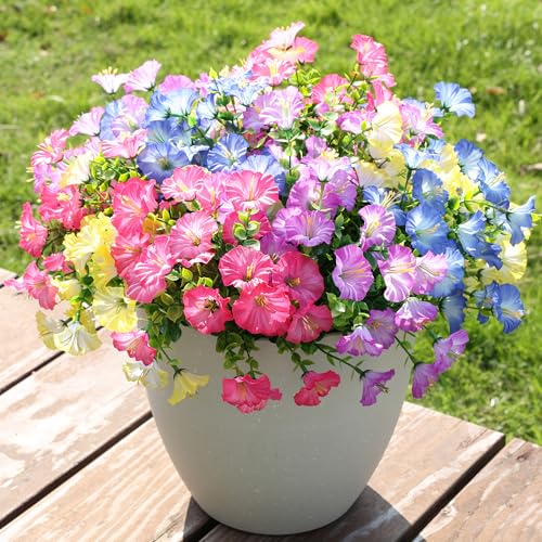 HyeFlora Artificial Flowers for Outdoors Fake Plants Outside Decoration, 12 Bundles Silk Colorful Morning Glory with Eucalyptus UV Resistant Realistic Faux Flowers for Planter Porch Patio Yard Indoor - color: Multi Color(3 Gradient Pink, 3 Gradient Purple