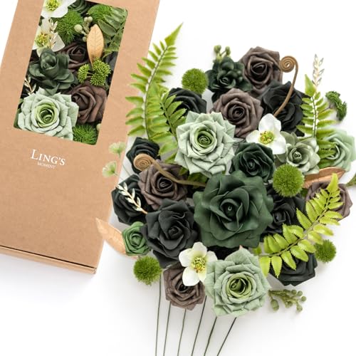 Ling's Moment Fake Flowers Box, Faux Artificial Greenery Stems Foam Roses Gardenia Silk Fabic Flower for Centerpieces Bouquet Wedding Vase Floral Arrangements Decorations, Emerald & Gold, Deluxe Combo - color: Grn-emerald & Gold, size: Deluxe