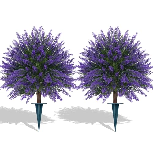 Grooy Artificial Lavender Topiary Ball, Set of 2 Artificial Boxwood Shrub Bushes with Ground Spike, Fake Evergreen Tree for Porch, Artificial Plants for Outdoor Planters Indoor UV Resistant - color: Lavender Ball