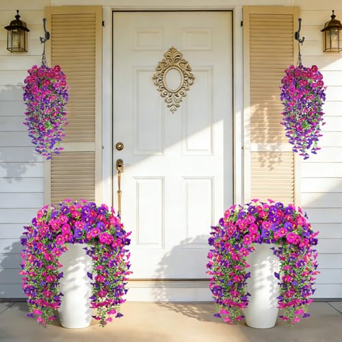 Artificial Hanging Flowers for Outdoors, 2PCS 300 Blooms UV Resistant Morning Glory Vine Fake Flowers with Eucalyptus, Realistic Silk Faux Hanging Plants Decor for Outside (Rose Red and Purple) - color: Rose Red and Purple, size: 2PCS