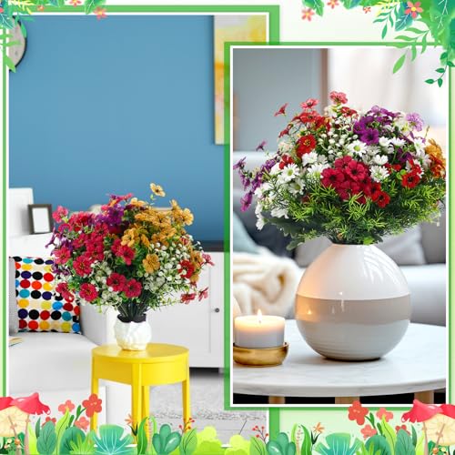 Thiccywoov 60 Pcs Artificial Outdoor Flowers UV Resistant Faux Plastic Plants Bulk Mixed Lavender Baby's Breath Eucalyptus Daisy Greenery Stems for Garden Patio Porch Window Box Home Wedding Decor