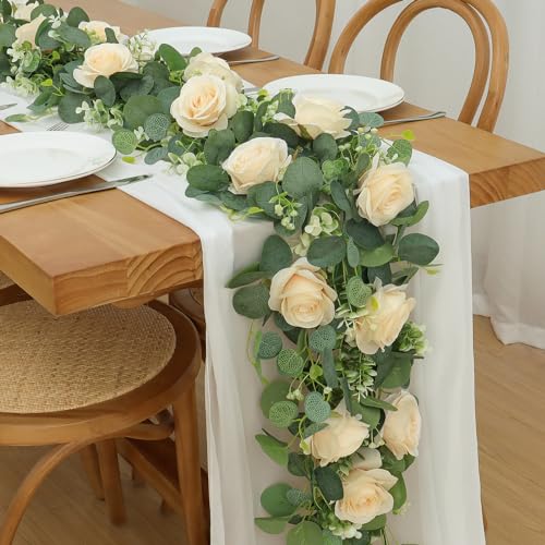 TOCHGREEN 4Pcs(26 Ft) Artificial Eucalyptus Flower Garland with Champagne Rose Flowers,Faux Rose Vine Gypsophila,Floral Greenery for Party Wedding Table Decor (Champagne, 4PCS) - color: Champagne, size: 4PCS