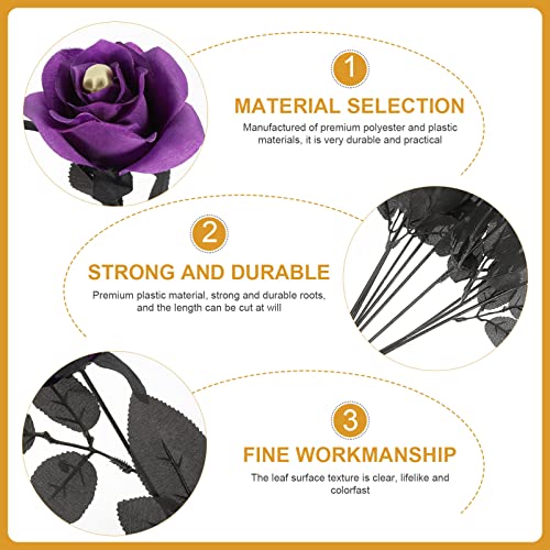 Vaguelly Halloween Flowers 10Pcs Artificial Halloween Rose with Skull Head Black Leaves Faux Silk Rose Picks Flower Stems Rose Flower Bouquet for Halloween Party Haunted House Home, Purple