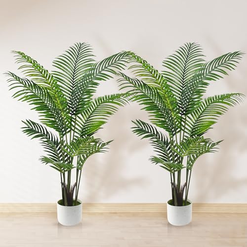 Artificial Palm Tree 4FT, Suntee Fake Tree with White Tall Planter 2 Pack, Faux Tropical Areca Floor Plant in Pot, Artificial Silk Plant for Home Office Living Room Decor Indoor - size: 4 FT