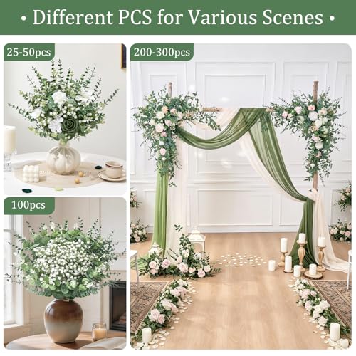 Serwalin 100 Pcs Mixed Artificial Eucalyptus Stems,Babys Breath Artificial Flowers Bulk with Faux Eucalyptus Leaves Greenery Stems for Wedding DIY Bouquets Floral Arrangement Home Decor - size: 100pcs