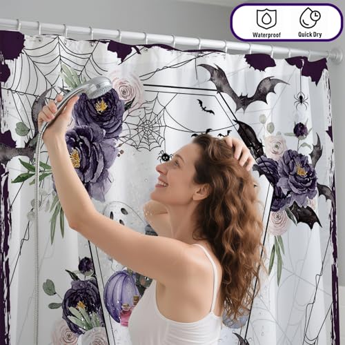 Mocsicka Halloween Shower Curtain Purple Flower Goth Shower Curtain Spooky Floral Halloween Bathroom Decor Retro Vintage Fabric Waterproof Bathroom Curtain Set with 12 Hooks (71x71 inch, Floral)