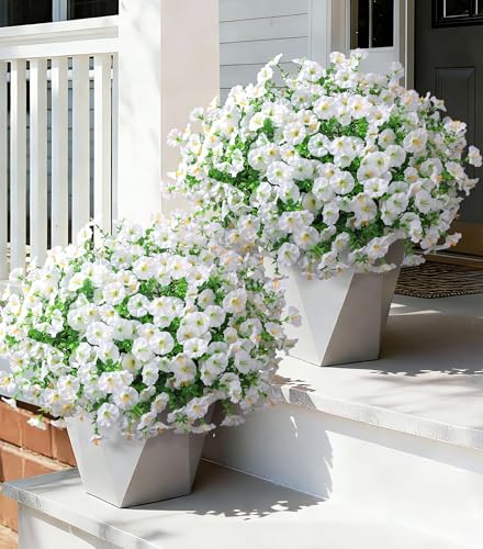 Ivydale 24 Bundles Artificial Flowers for Outdoors Summer Outside Decoration, Faux Silk Petunias White Fake Flowers Bulk Realistic UV Resistant Plants for Outdoor Planters Porch Patio Garden Yard Home - color: White