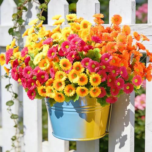 Waipfaru Artificial Flowers for Outdoors Faux Plants, UV Resistant Artificial Outdoor Flowers, Silk Daisy Realistic Fake Mums Flower for Front Porch Spring Home Planter Patio Decor, 12 Bundles, Mix - color: Yellow, Orange, Rose Red, size: 12 PCS