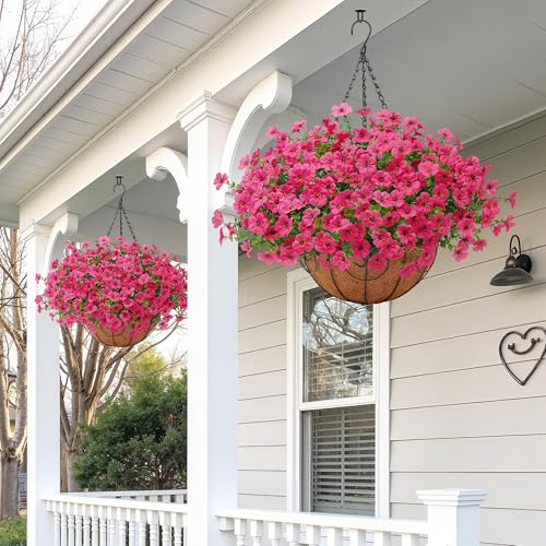Artificial Fake Hanging Plants Flowers Basket Outdoors Outside Summer Decoration,Hanging Planters with Faux Silk Flowers Realistic UV Resistant for Home Indoor Porch Front Patio Balcony Garden Fuchsia - color: Fuchsia
