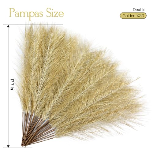 Ureymx Faux Pampas Grass Decor 17.7 Inch 30pcs, Artificial Pompas Grass Bulk Artificial Dried Flower Small Vase Filler for Boho Home Wedding Decoration (Gold) - color: Gold, size: 17 Inch 30 Pcs