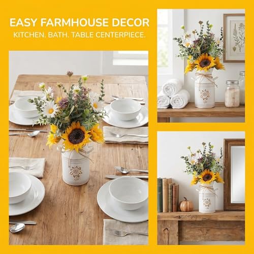 Fake Flowers in Vase,Sunflowers Artificial Flowers Silk Flower Arrangements with Metal Flower Vase Faux Flowers Sunflower Kitchen Decor Yellow Bathroom Decor Sunflower Gifts for Women (Yellow)