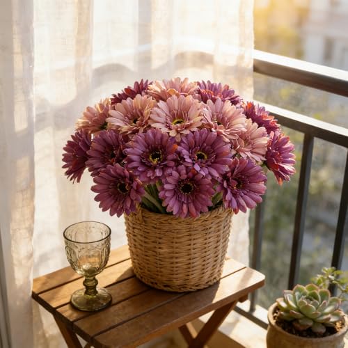 16Pcs Vintage Pink & Dusty Purple Gradient Artificial Flowers Arrangements,Fake Silk Flowers Gerbera Daisy Bulk, Lifelike Faux Daisy for Wedding Bouquet Table Centerpiece Home Decor - color: Pink