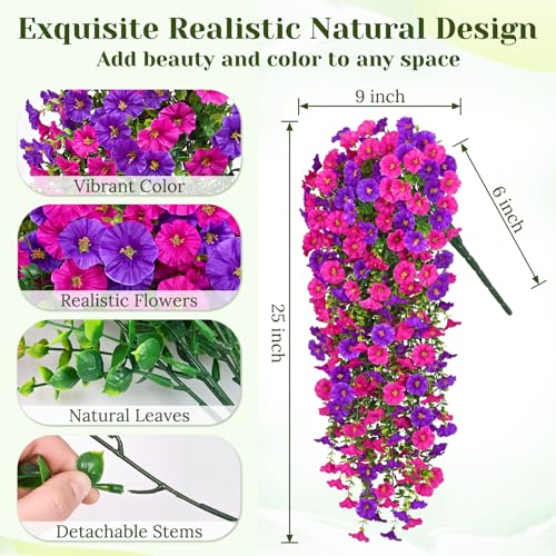 Dolicer 4 Packs Look Real Artificial Flowers for Outdoors, Fake Artificial Hanging Flowers for Outdoors Realistic UV Resistant Hanging Flowers Silk Petunia Faux Flowers for Porch Patio(Purple+Fuchsia) - color: Purple+fuchsia, size: 4 packs