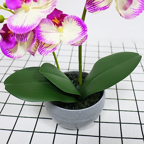 Purple Orchid Artificial Flowers 2 Stems in Grey Pot, Potted Faux Orchid Flower for Home Bathroom Table Living Room Office Kitchen Decor - color: Purple Texture