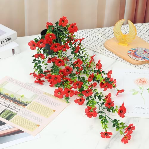 FAVOWREATH Fake Plants Hanging Artificial Potted Faux Eucalyptus Plants and Flowers for Modern Boho Farmhouse Bathroom Office Desk Wall Book Shelf Living Room Aesthetic Decor Indoor (Red) - color: Red