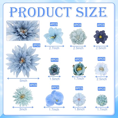 LACGO 48 PCS Fake Flowers Heads - Artificial Flower Heads Bulk Silk Faux Flower for Crafts Cake Blossom Wreath Garland Bouquets for Crafts Wedding Bridal Party Baby Shower Home Decoration(Blue) - color: Blue