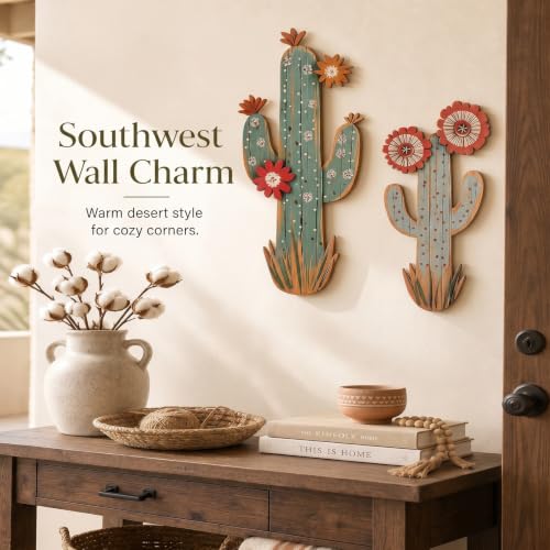 flangairy 15.7in Layered Cactus Wall Decor, Set of 2 Wooden Cactus Flower Picture Southwestern Wall Art, Western Room Bathroom Bedroom Nursery Kitchen Decorations for Home