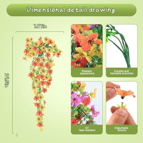 Artificial Hanging Flowers for Outdoors, 6PCS Faux Silk Artificial Flowers for Outdoors, UV Resistant Fake Flowers, No Fade Trailing Greenery, Decor for Home Porch Patio Balcony Garden Yard - color: Red Purple + Yellow Purple + Orange Yellow