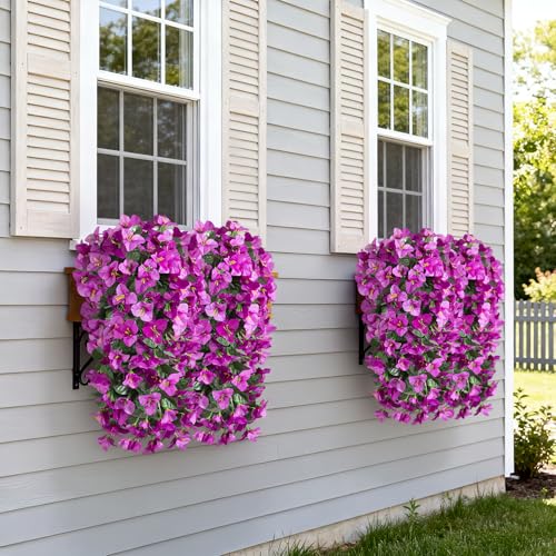 Artificial Fake Hanging Flowers with Basket for Outdoors Decoration, 3PCS Faux Flowers for Outdoor Planters UV Resistant No Fade Silk Bougainvillea for Home Porch Patio Garden Balcony Yard Decor - color: Double Lotus With Basket