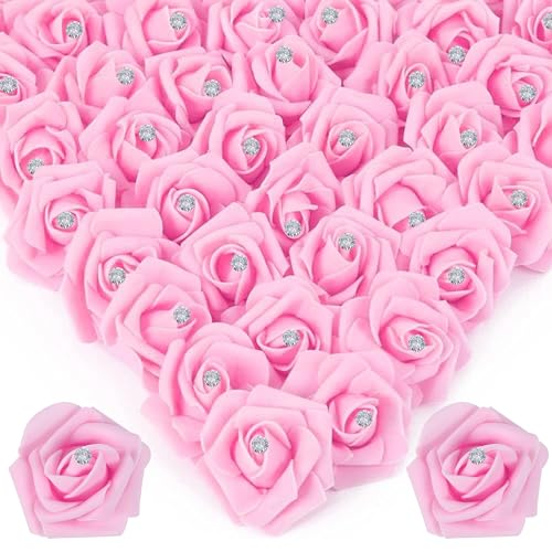 100Pcs Real Looking Pink with Diamonds Artificial Rose Flower Heads, Foam Fake Roses for DIY Wedding Decorations Baby Shower Centerpieces Home Party Valentine's Day Mother's Day Decor - color: 100pcs Pink With Diamonds