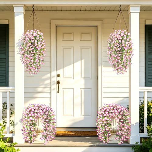 Artificial Hanging Flowers for Outdoors, 4 PCS UV Resistant Morning Glory Flowers with Eucalyptus Leaves, Silk Fake Flower Realistic Faux Plants for Home Patio Porch Garden Decor, White+Pink - color: Pink-white